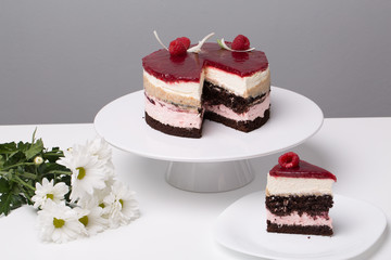 close up of conceptual fruit cake on gray background