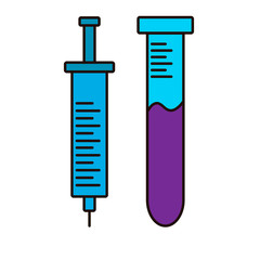 Syringe and test tube. Vaccine for the virus. Search for treatment for coronavirus. Health care. Scientific research. Biological samples. Accessories for the laboratory. Vector illustration.