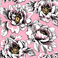 Seamless pattern with image of a Peony  "Pastel Splendor" flowers and leaves on a light pink background. Vector illustration.