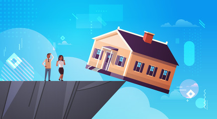 african american man woman couple looking at falling home in abyss debt for house real estate housing crisis business of mortgage rates bankruptcy concept horizontal full length vector illustration
