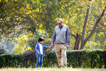 Naklejka na ściany i meble Grandfather playing with grandson at park