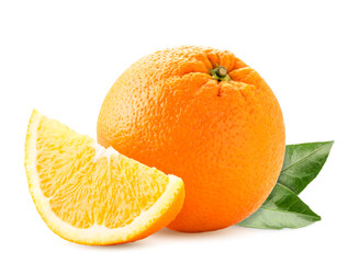 Ripe orange with a slice and leaves on a white background. Isolated