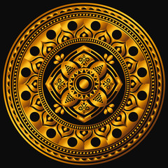Golden mandala on a black background. Decorative round symbol, arabic motifs