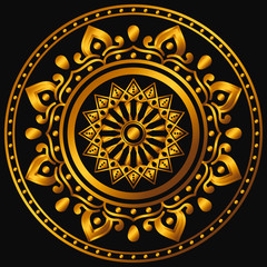 Golden mandala on a black background. Decorative round symbol, arabic motifs