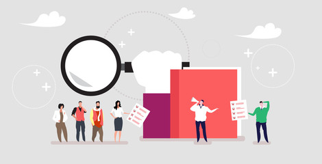 businesspeople candidates standing in line queue to prospective employer with megaphone business people waiting for interview job employment concept full length horizontal vector illustration