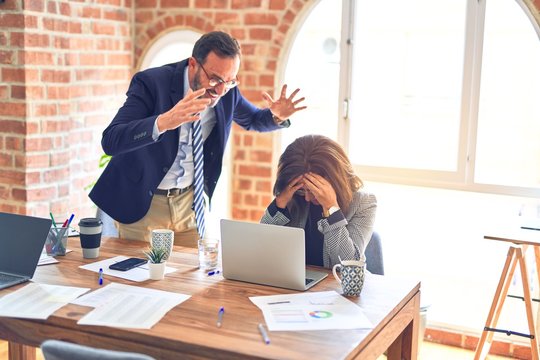 Two middle age business workers working together. Man bullying woman at the office