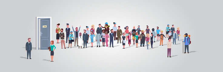 businesspeople candidates standing in line queue to door office hiring job employment concept different occupation workers group waiting for interview horizontal full length vector illustration