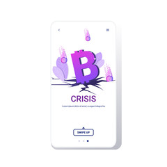 fallen in price bitcoin collapse of crypto currency falling down coins financial crisis bankrupt investment risk concept smartphone screen online mobile app copy space vector illustration