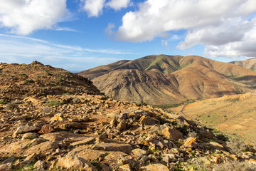 Panoramic view at landscape between Betancuria and Pajara  on Fuerteventura with multi colored volcanic hills and mountains