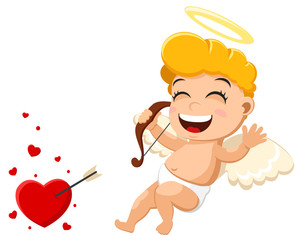 Cupid hit the target and is happy on a white background. Valentines day