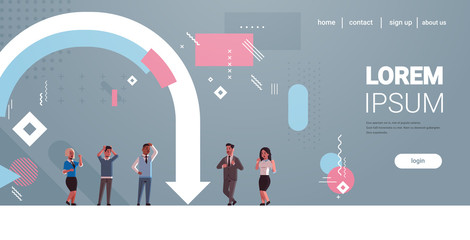 businesspeople frustrated about economic arrow fall down financial crisis bankrupt investment risk concept mix race stressed employees standing together horizontal full length copy space vector