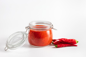 Hot chili pepper sauce paste harissa. Adjika. Traditional Tunisia, Georgian and Arabic cuisine.