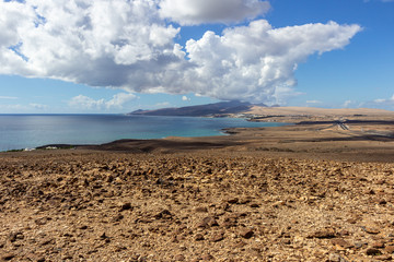 Panoramic view peninsula Jandia on canary island Fuerteventura with coastline and mountain range in the background
