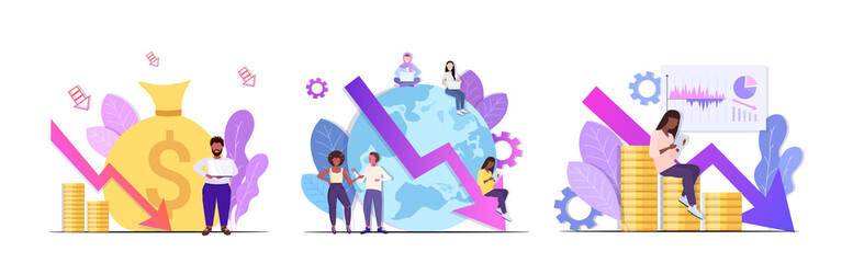 set businesspeople frustrated about financial crisis bankruptcy investment risk concept mix race colleagues brainstorming stopping economic arrow falling down full length horizontal vector