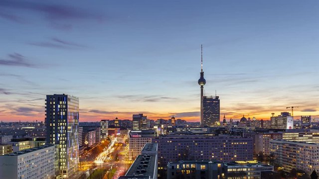 Time Lapse Aerial View of Berlin City Skyline Alexanderplatz at Night, Berlin, Germany