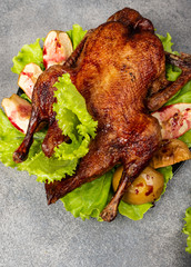 Roasted duck with apples, herbs on a grey background. Christmas symbolic food. Close-up.