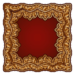 Square gold frame with shiny border ornament, vintage golden decoration for invitation card or book cover design, luxury pillowcase for sofa cushion isolated on white background