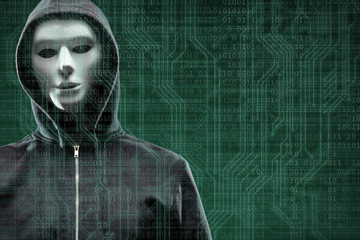 Anonymous computer hacker over abstract digital background. Obscured dark face in mask and hood. Data thief, internet attack, darknet fraud, dangerous viruses and cyber security.