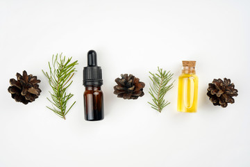 Pine aroma essential oil in bottles, fir branches, cones in row, white background. Spa, beauty,...