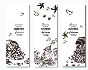 Coffee illustration. Hand drawn vector banner. Coffee beans, bird, bag