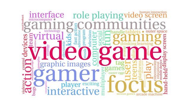 Video Game Animated Word Cloud on a white background.
