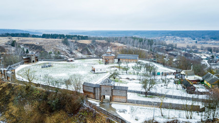 Aerial view of medieval castle mound in belarusian city of Mstislavl. Travel concept.