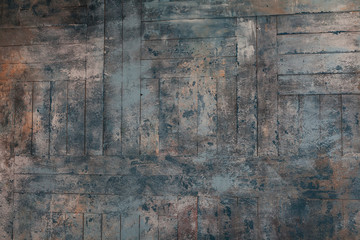 Background texture in vintage style: wooden wall in beige, blue and orange tones.