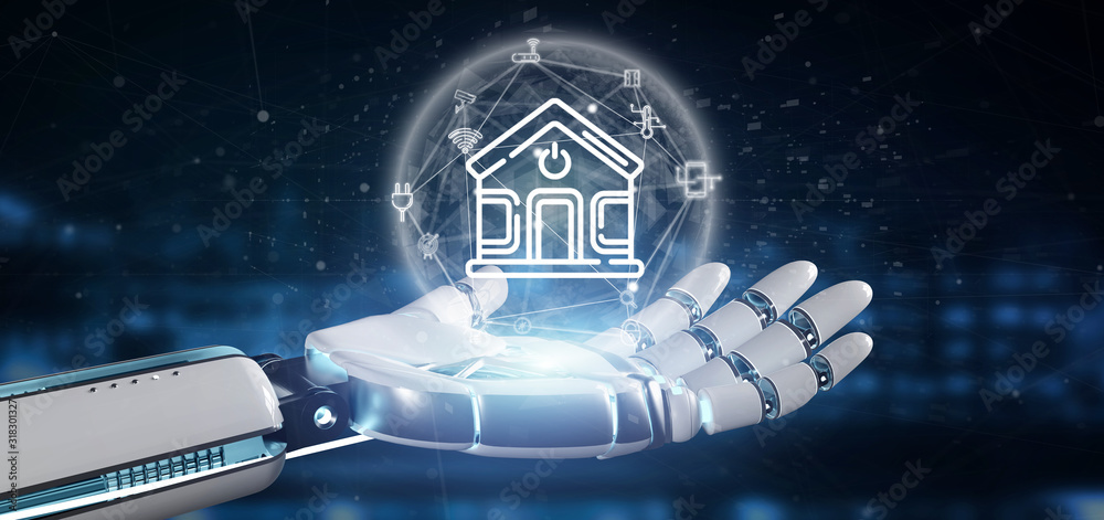 Poster cyborg holding smart home interface with icon, stats and data 3d rendering