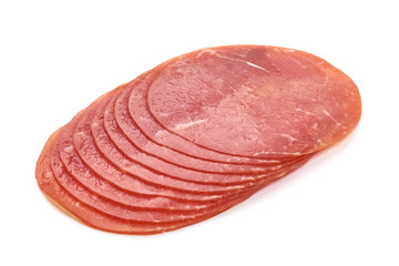 Sliced Smoked Ham sausage, isolated on white background
