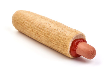 Hot dog with ketchup, isolated on white background