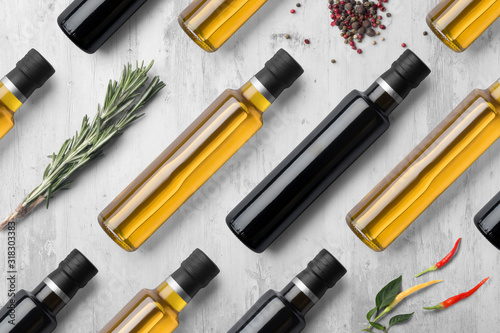 Download Oil Vinegar Bottles Composition Mockup On White Wooden Background With Spices And Blank Label To Place Your Design Wall Mural Mockup Cloud