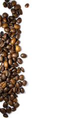Coffee beans background, roasted coffee beans on a white background, space for text.