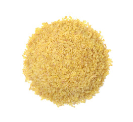 Heap of dry bulgur wheat isolated on white background.