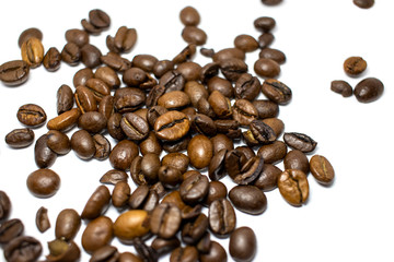 Coffee beans background, roasted coffee beans on a white background, space for text.