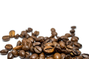 Coffee beans background, roasted coffee beans on a white background, space for text.