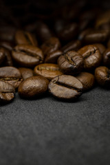 Coffee in beans on dark background. Abstract background texture.Coffee beans texture. Food background of coffee beans