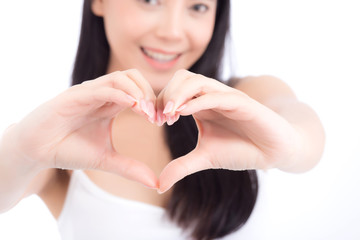 Beautiful asian woman show heart shape with hand, portrait girl model isolated on white background, healthcare concept.