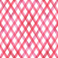 Watercolor stripe diagonal plaid seamless pattern. Red stripes on white background