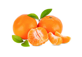 tangerine or mandarin fruit white leaves isolated on white background