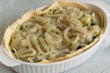 Cooking Italian schiacciata with vegetables and onion, homemade bakery themes, culinary and food concept