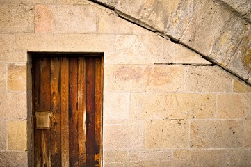Fototapeta na wymiar Isolated wooden door in a stone wall (Prague, Czech Republic, Europe)