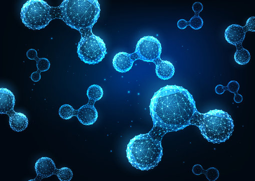 Futuristic science web banner with glowing low polygonal water molecules on dark blue background.