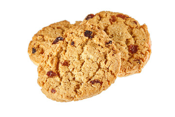 Three chip cookies isolated on white background. Sweet biscuits. Close up.