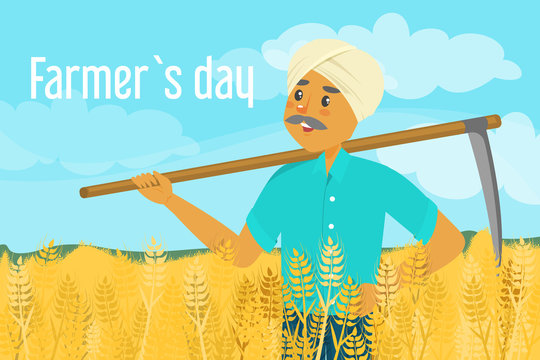 Farmer Day Vector Illustration. Happy Asian Farmer Standing