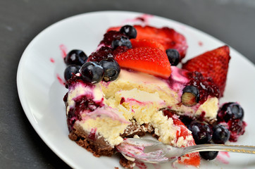 Close-up of half eaten strawberry, blueberry cream tart on plate with spoon