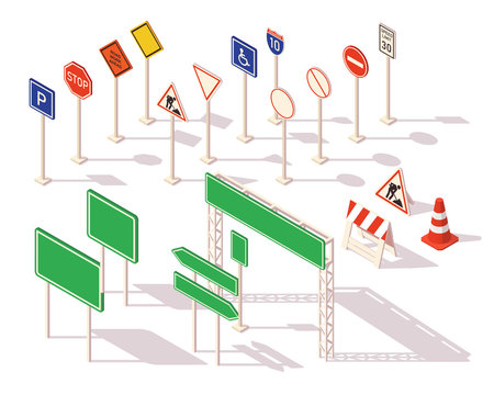 Set of different road signs isometric. Common warning signs symbols and road traffic regulatory. Flat 3d isometric icons road signs for infographic.