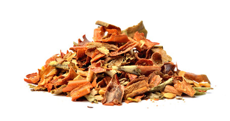Heap of dried crushed chili spices isolated on white background. Close-up.