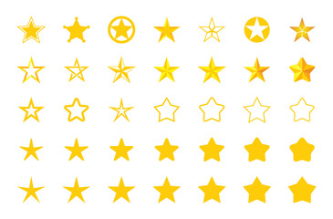 Gold star icons set, various five pointed gold isolated stars, vector illustration.