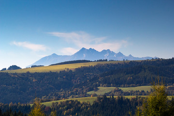Tatra Mountains. View from mountain Nad Skalnou in Lubovnianska vrchovina (Western Beskids), Slovakia.