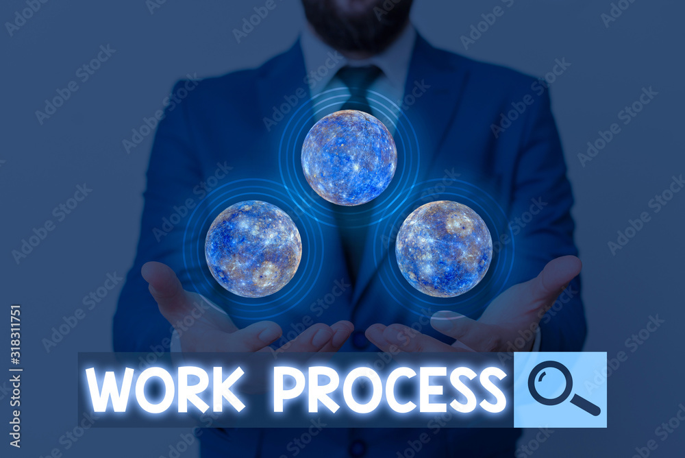 Poster Writing note showing Work Process. Business concept for Standard procedures how to handle a particular job rules system Elements of this image furnished by NASA